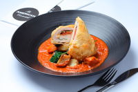 Chicken Breast in Puff Pastry - filled with ham, chorizo, semi dried tomato, spinach, swiss cheese